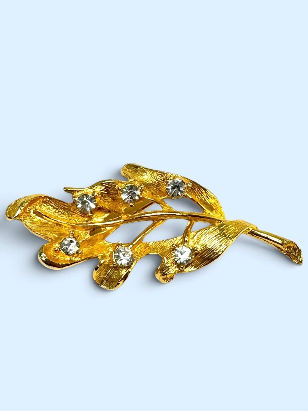 Vintage Gold Oak Leaf Brooch with Crystal Accents